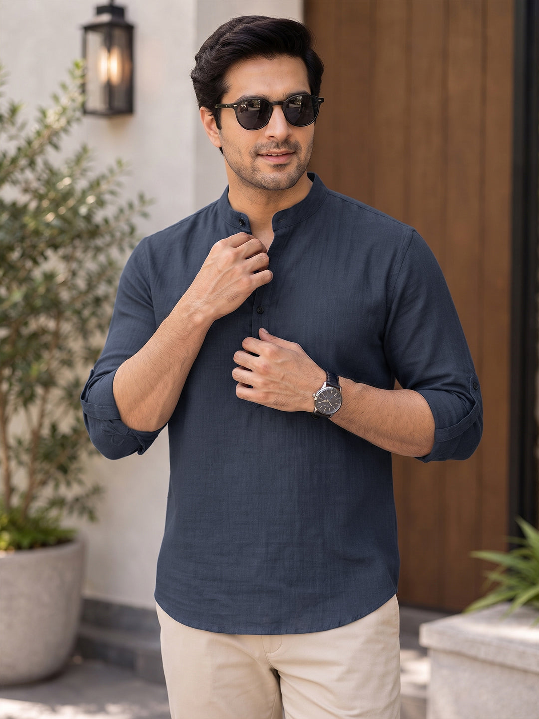 VORA LABEL Men’s Cotton Blend Solid Kurta | Mandarin Collar Full Sleeve Kurta | Casual & Festive Wear