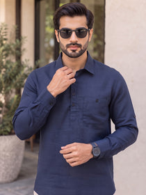 VORA LABEL Men’s Cotton Blend Solid Kurta | Mandarin Collar Full Sleeve Kurta with Pocket | Casual & Festive Wear