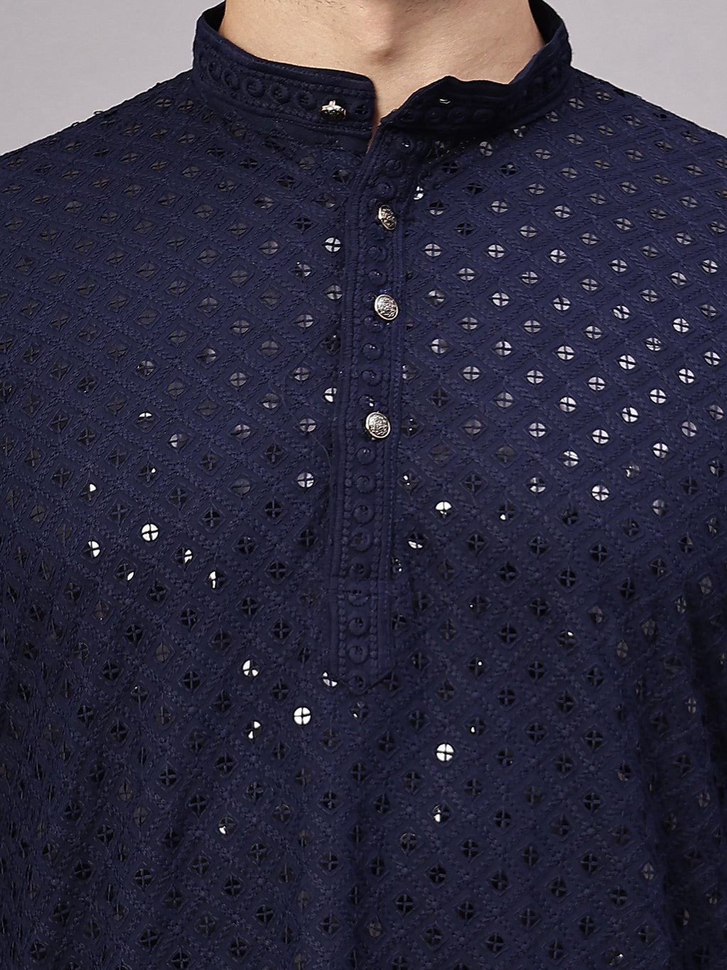 VORA LABEL Men Rayon Schiffli Chikankari Embroidered Long Kurta Set - Yellow