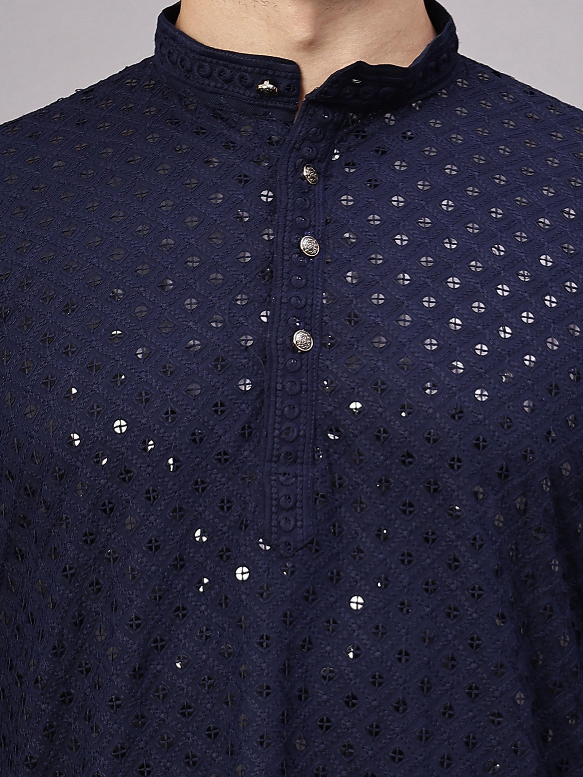 VORA LABEL Men Rayon Schiffli Chikankari Embroidered Long Kurta Set - Yellow