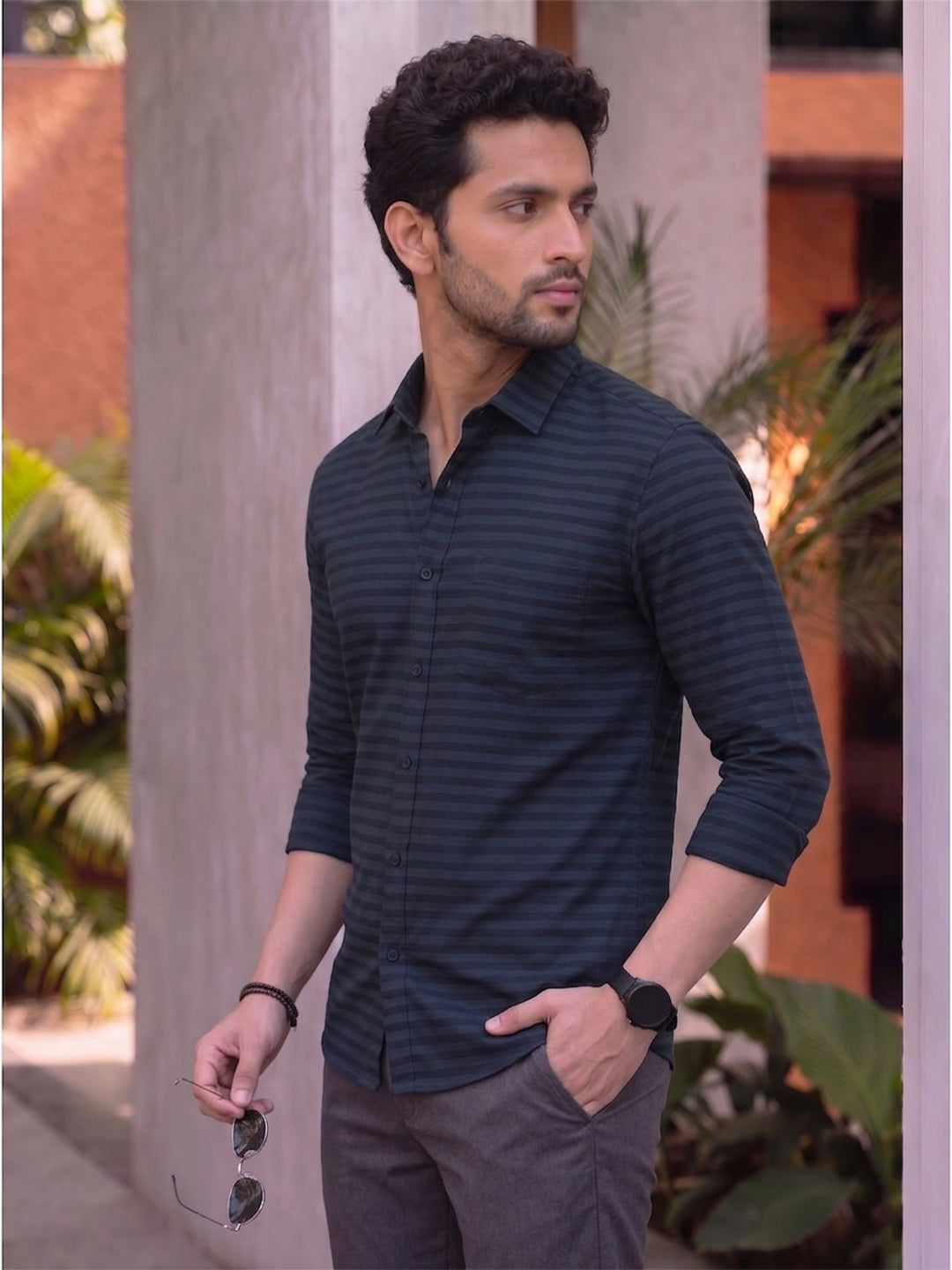 VORA LABEL Men Denim Striped Slim Fit Casual Shirt - Black