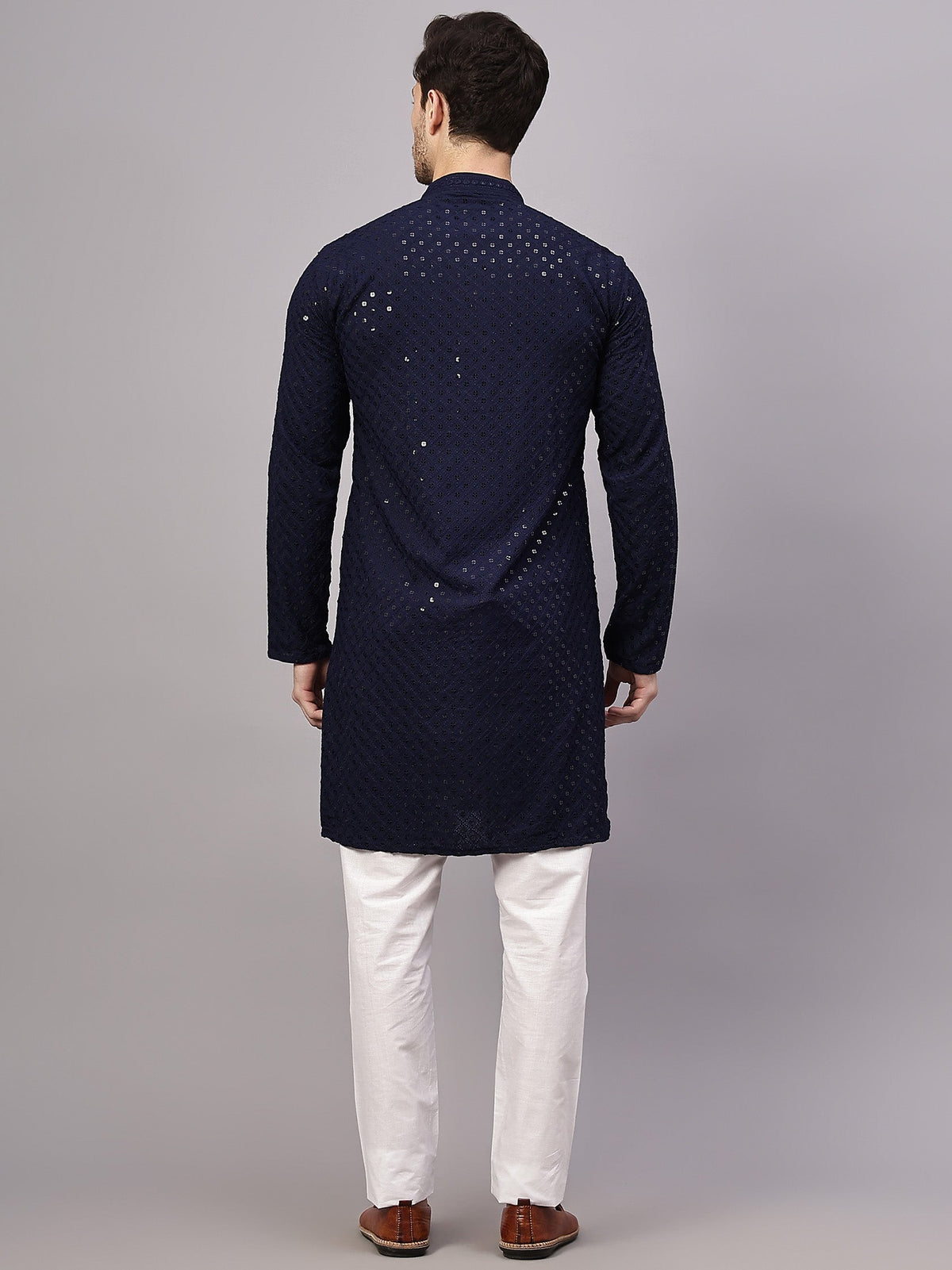 VORA LABEL Men Rayon Schiffli Chikankari Embroidered Long Kurta Set - Yellow