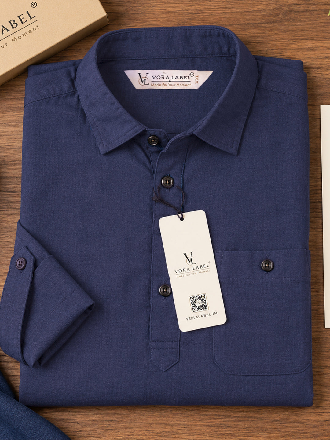 VORA LABEL Men’s Cotton Blend Solid Kurta | Mandarin Collar Full Sleeve Kurta with Pocket | Casual & Festive Wear