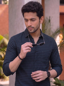 VORA LABEL Men Denim Striped Slim Fit Casual Shirt - Black