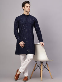 VORA LABEL Men Rayon Schiffli Chikankari Embroidered Long Kurta Set - Yellow