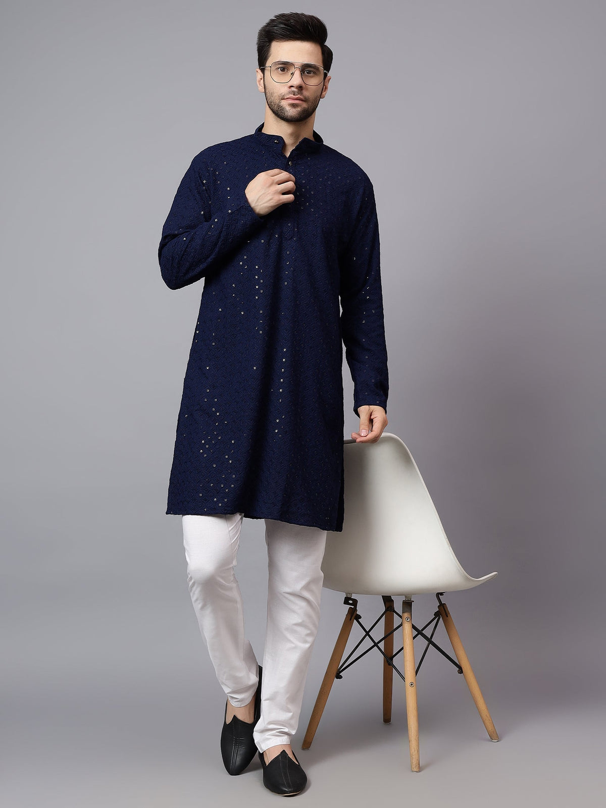 VORA LABEL Men Rayon Schiffli Chikankari Embroidered Long Kurta Set - Red