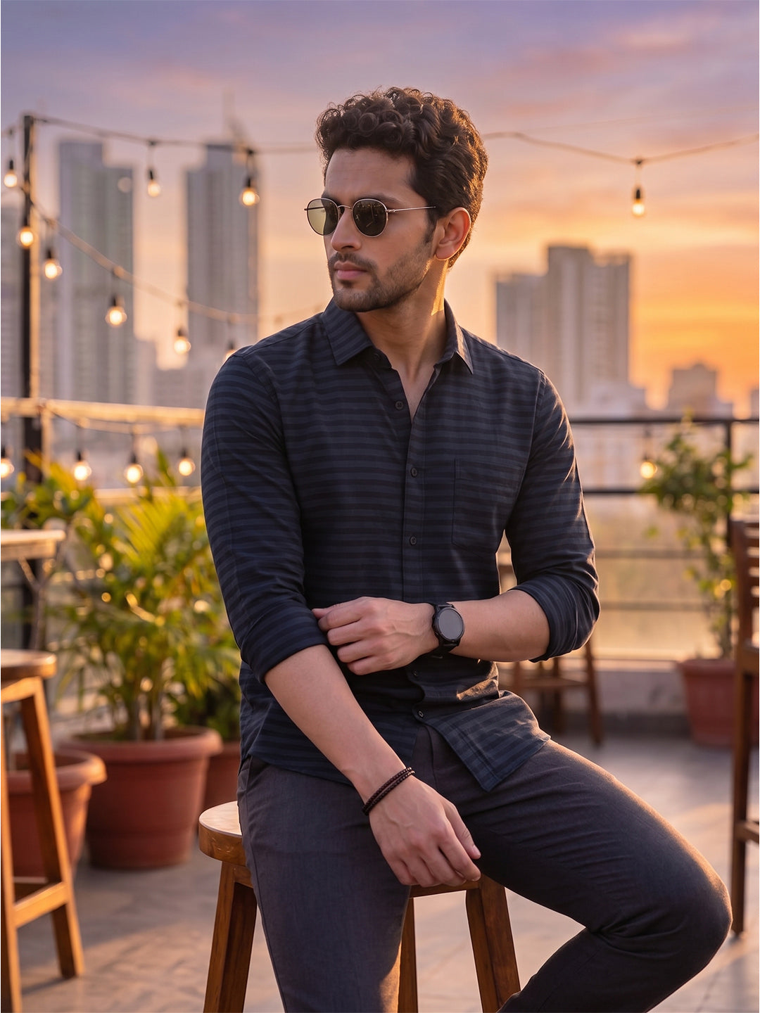 VORA LABEL Men Denim Striped Slim Fit Casual Shirt - Black