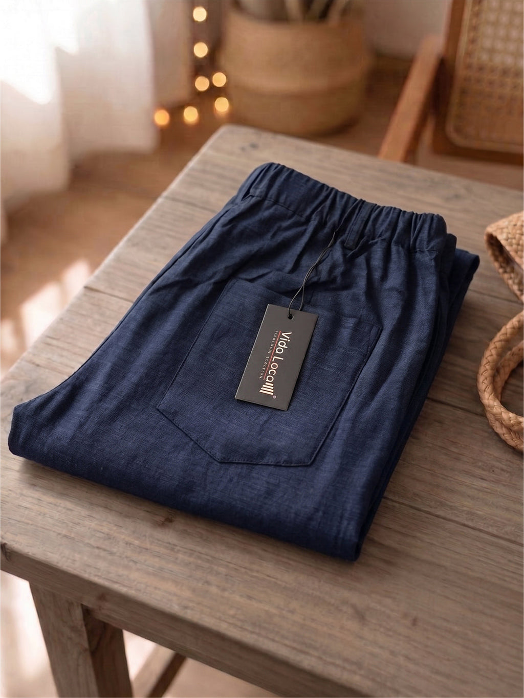 VORA LABEL Women Linen Solid Full Length Wide-Leg Trousers - Navy Blue