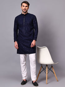VORA LABEL Men Rayon Schiffli Chikankari Floral Printed Long Kurta Set - Pista