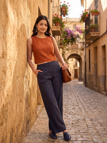 VORA LABEL Women Linen Solid Full Length Wide-Leg Trousers - Navy Blue
