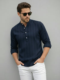 VORA LABEL Men Cotton Striped Relaxed Fit Mandarin Collar Short Kurta - Navy Blue