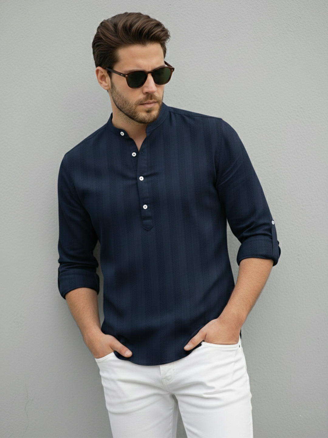 VORA LABEL Men Cotton Striped Relaxed Fit Mandarin Collar Short Kurta - Navy Blue