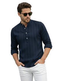 VORA LABEL Men Cotton Striped Relaxed Fit Mandarin Collar Short Kurta - Navy Blue