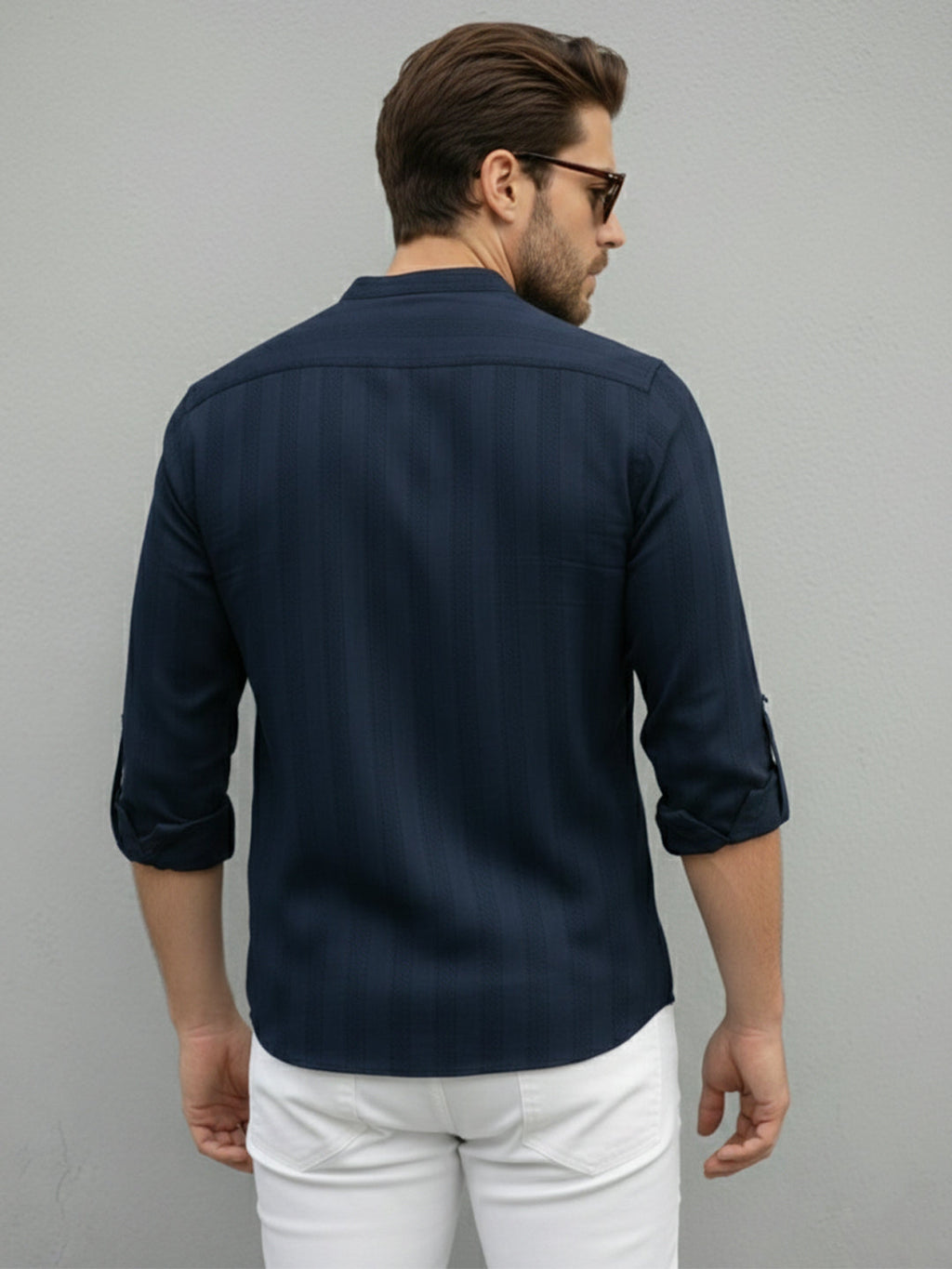VORA LABEL Men Cotton Striped Relaxed Fit Mandarin Collar Short Kurta - Navy Blue