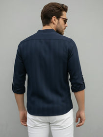 VORA LABEL Men Cotton Striped Relaxed Fit Mandarin Collar Short Kurta - Navy Blue