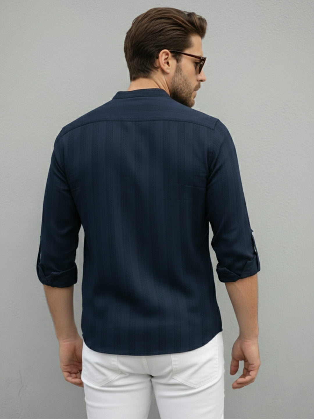 VORA LABEL Men Cotton Striped Relaxed Fit Mandarin Collar Short Kurta - Navy Blue