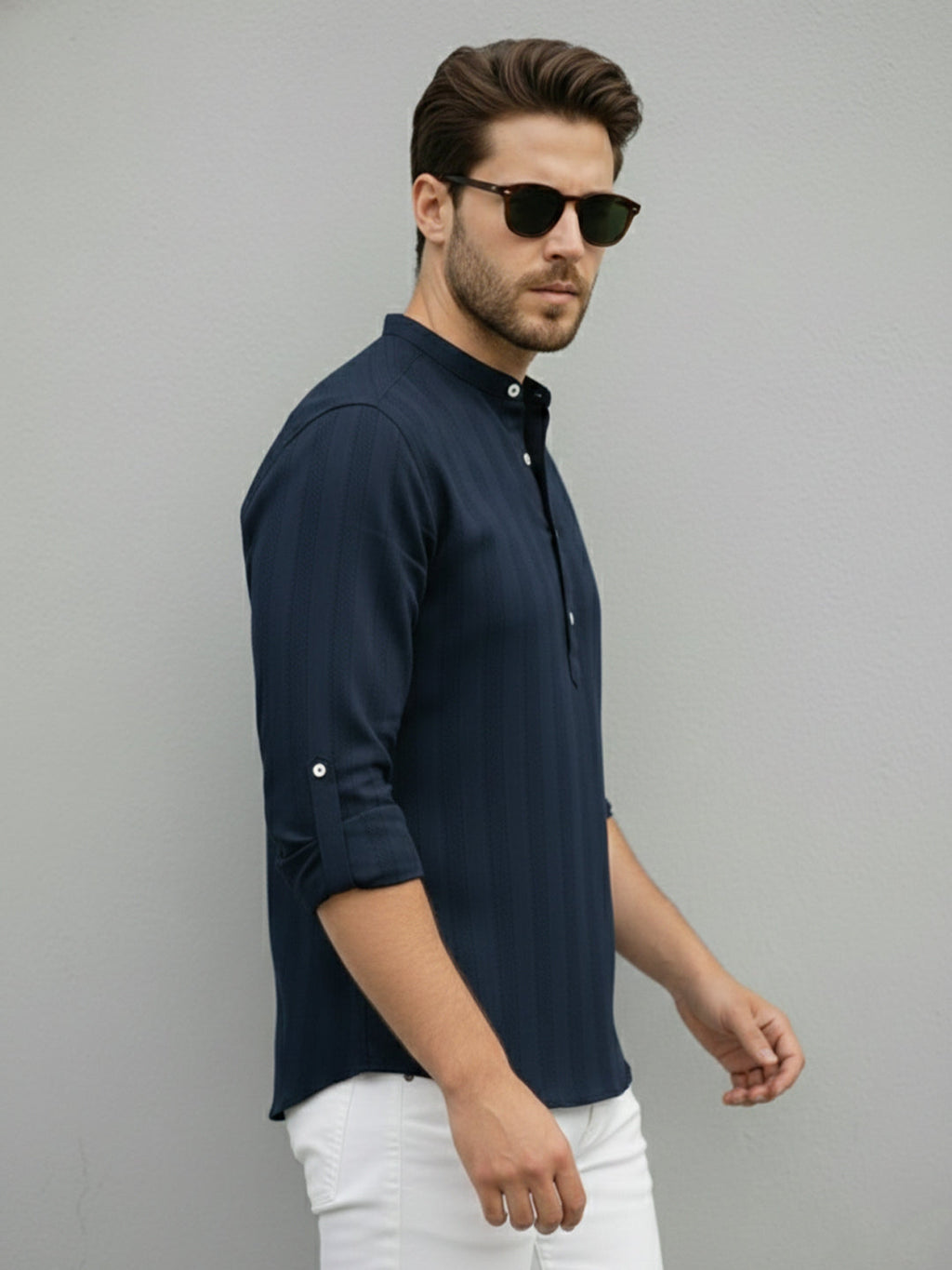VORA LABEL Men Cotton Striped Relaxed Fit Mandarin Collar Short Kurta - Navy Blue