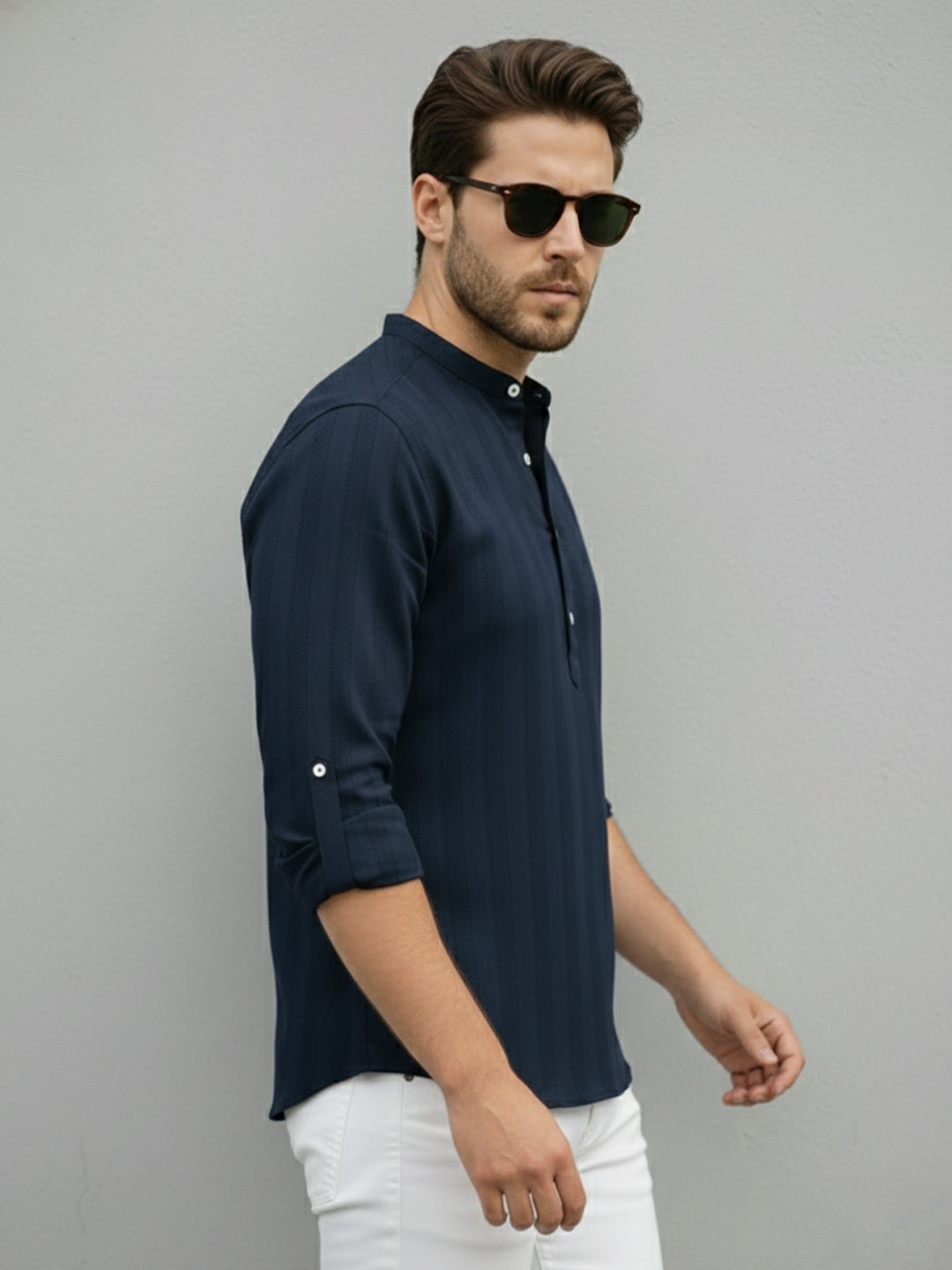 VORA LABEL Men Cotton Striped Relaxed Fit Mandarin Collar Short Kurta - Navy Blue