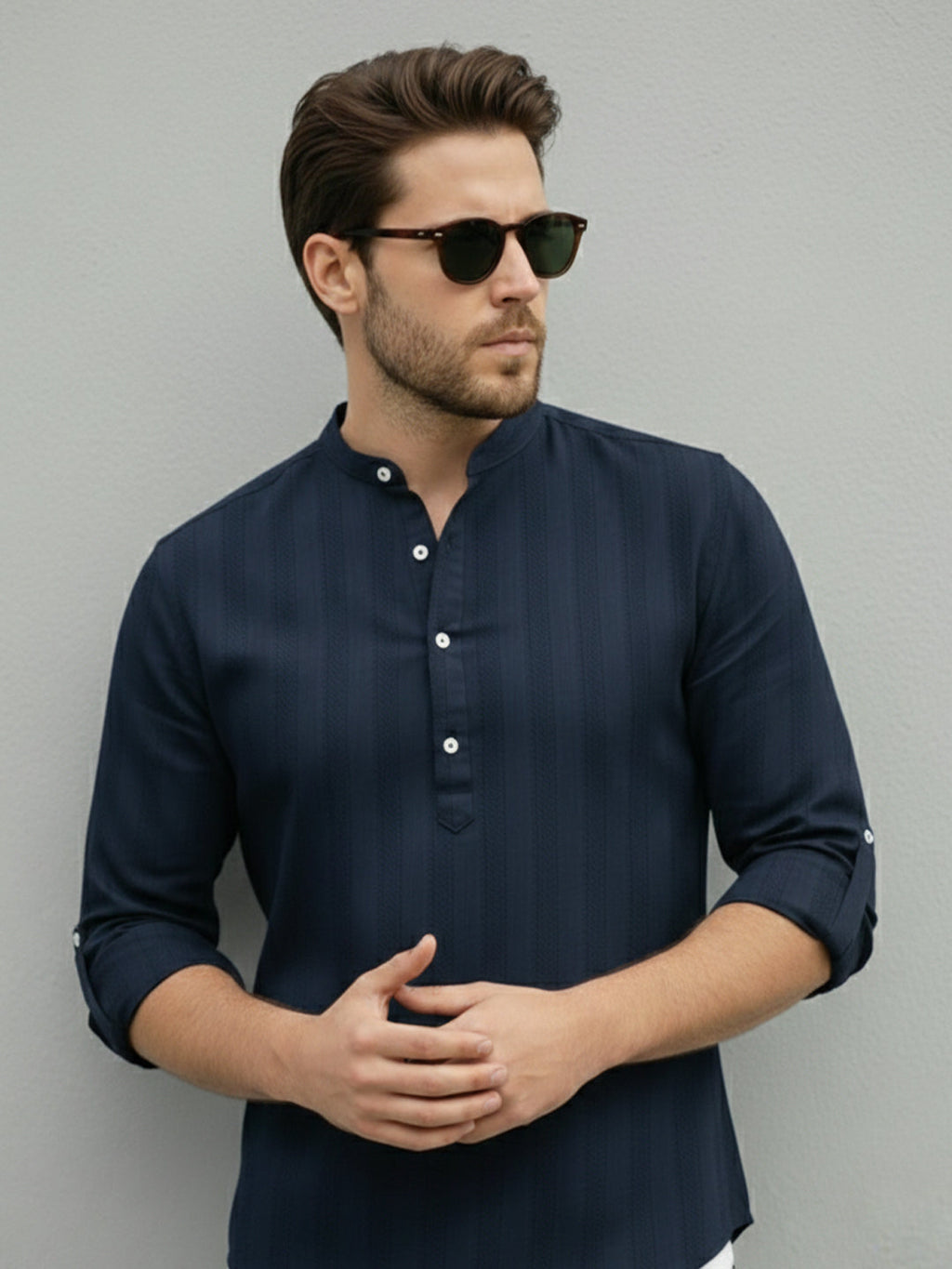 VORA LABEL Men Cotton Striped Relaxed Fit Mandarin Collar Short Kurta - Navy Blue