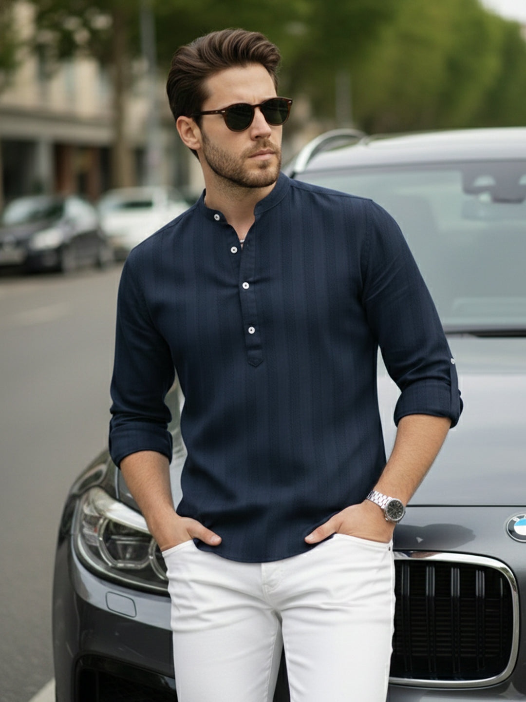 VORA LABEL Men Cotton Striped Relaxed Fit Mandarin Collar Short Kurta - Navy Blue