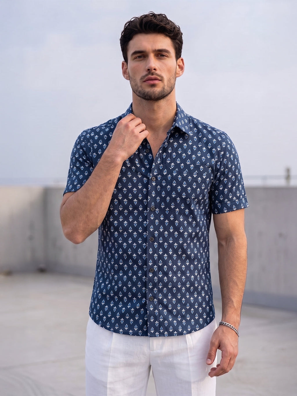 VORA LABEL Men Cotton Printed Regular Fit Casual Shirt - Navy Blue