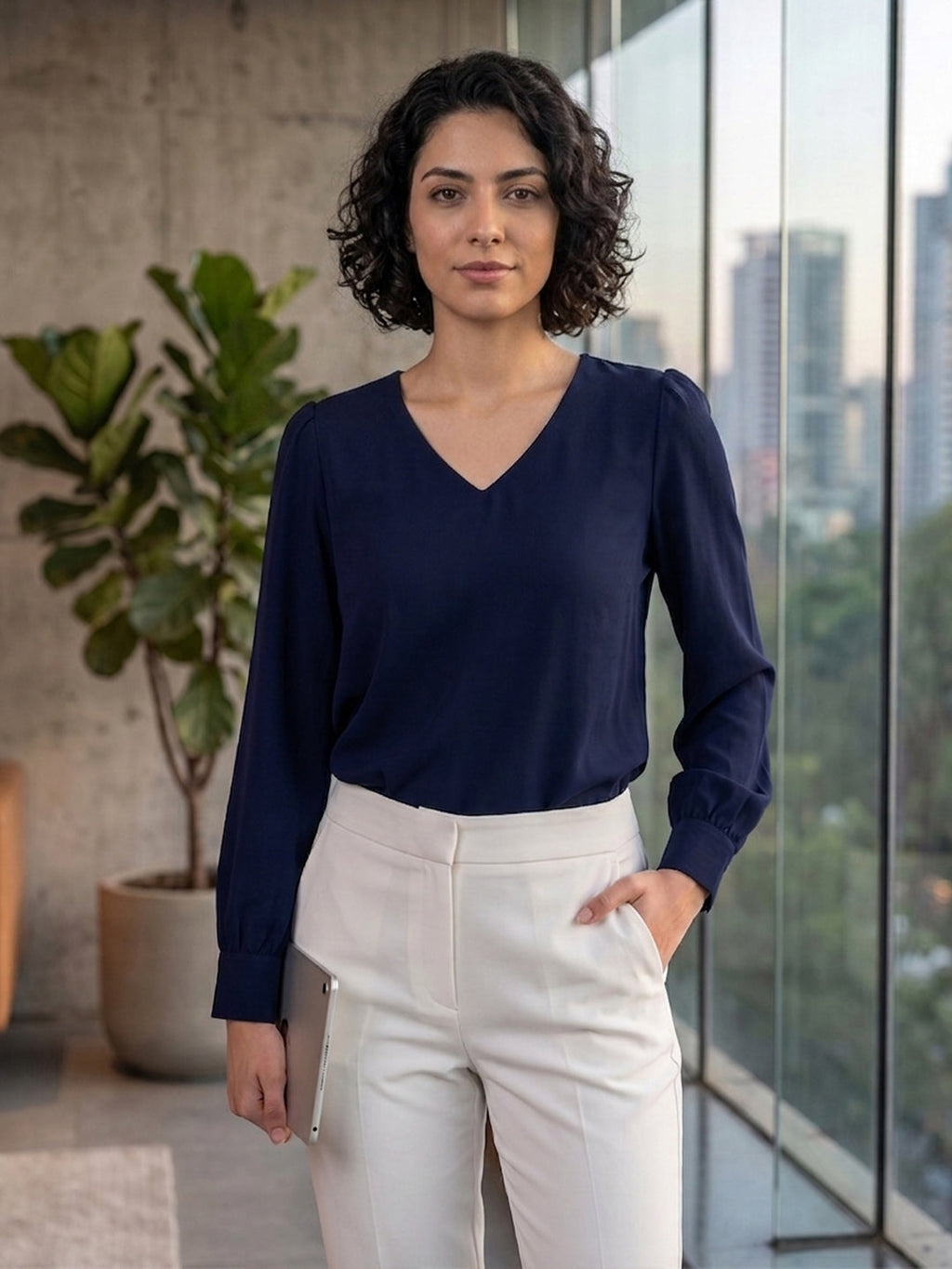 VORA LABEL Women Viscose Rayon Solid Regular Fit Top - Navy Blue