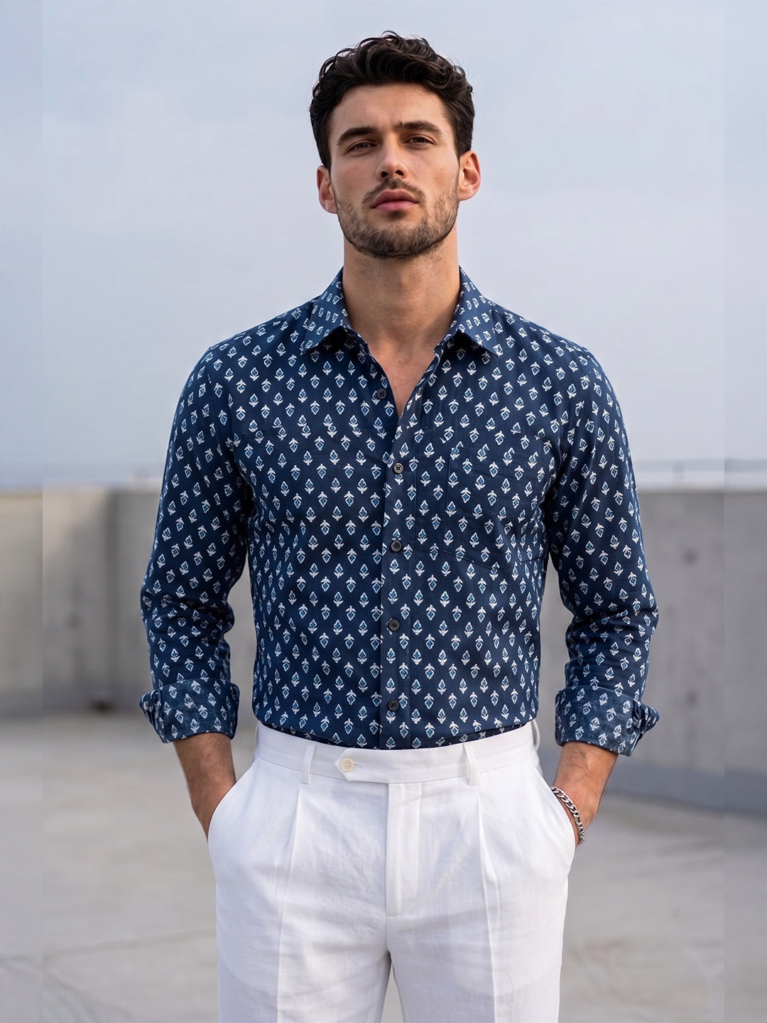 VORA LABEL Men Cotton Printed Regular Fit Spread Collar Casual Shirt - Navy Blue