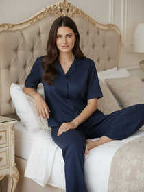VORA LABEL Women Linen Solid Relaxed Fit Half Sleeve Co-ord Set - Navy Blue