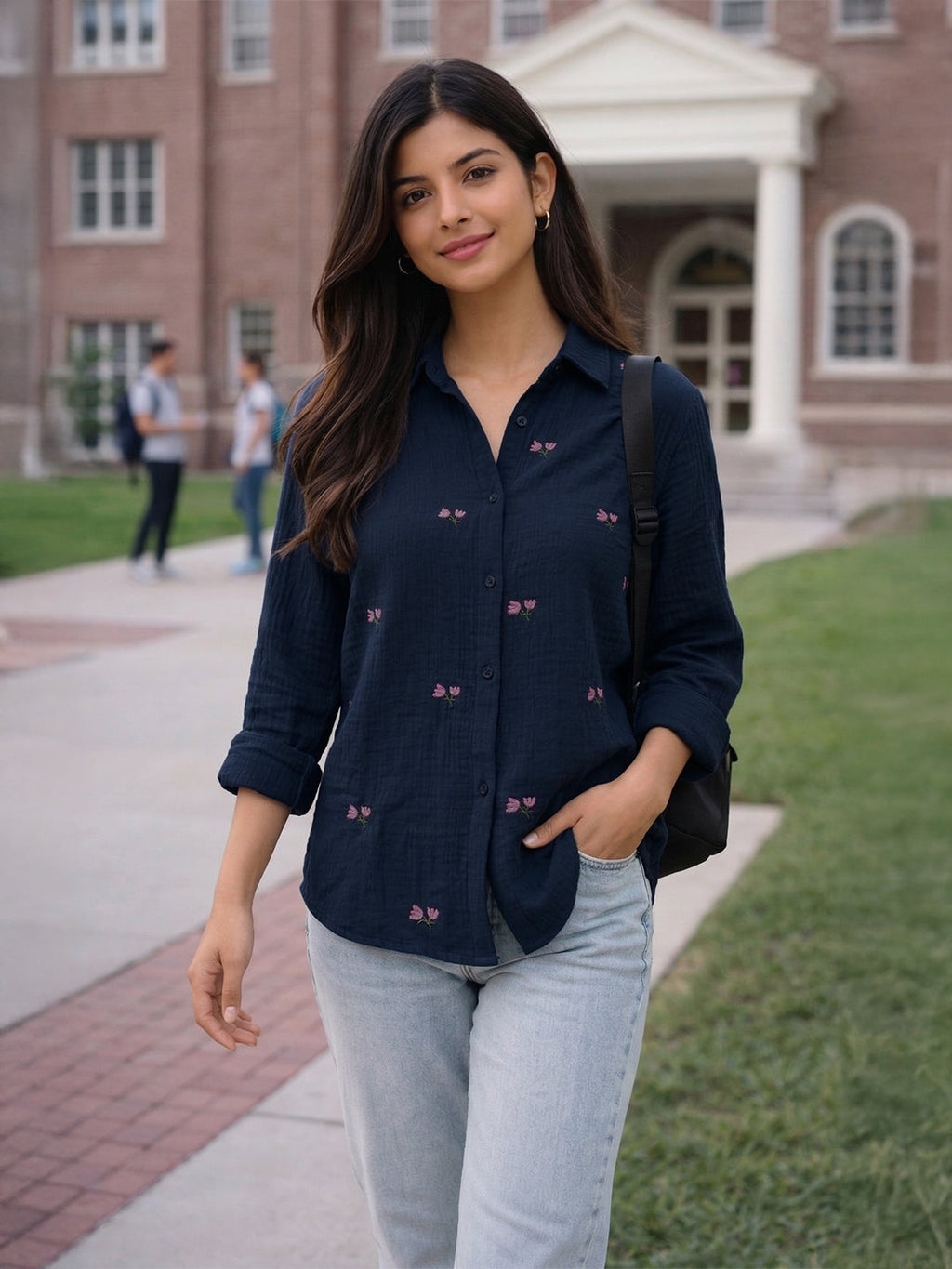 VORA LABEL Women Denim Floral Printed Embroidered Shirt - Black