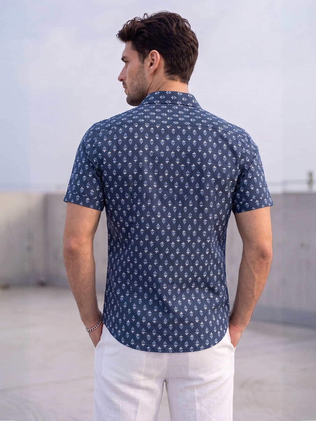 VORA LABEL Men Cotton Printed Regular Fit Casual Shirt - Navy Blue