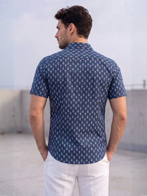 VORA LABEL Men Cotton Printed Regular Fit Casual Shirt - Navy Blue