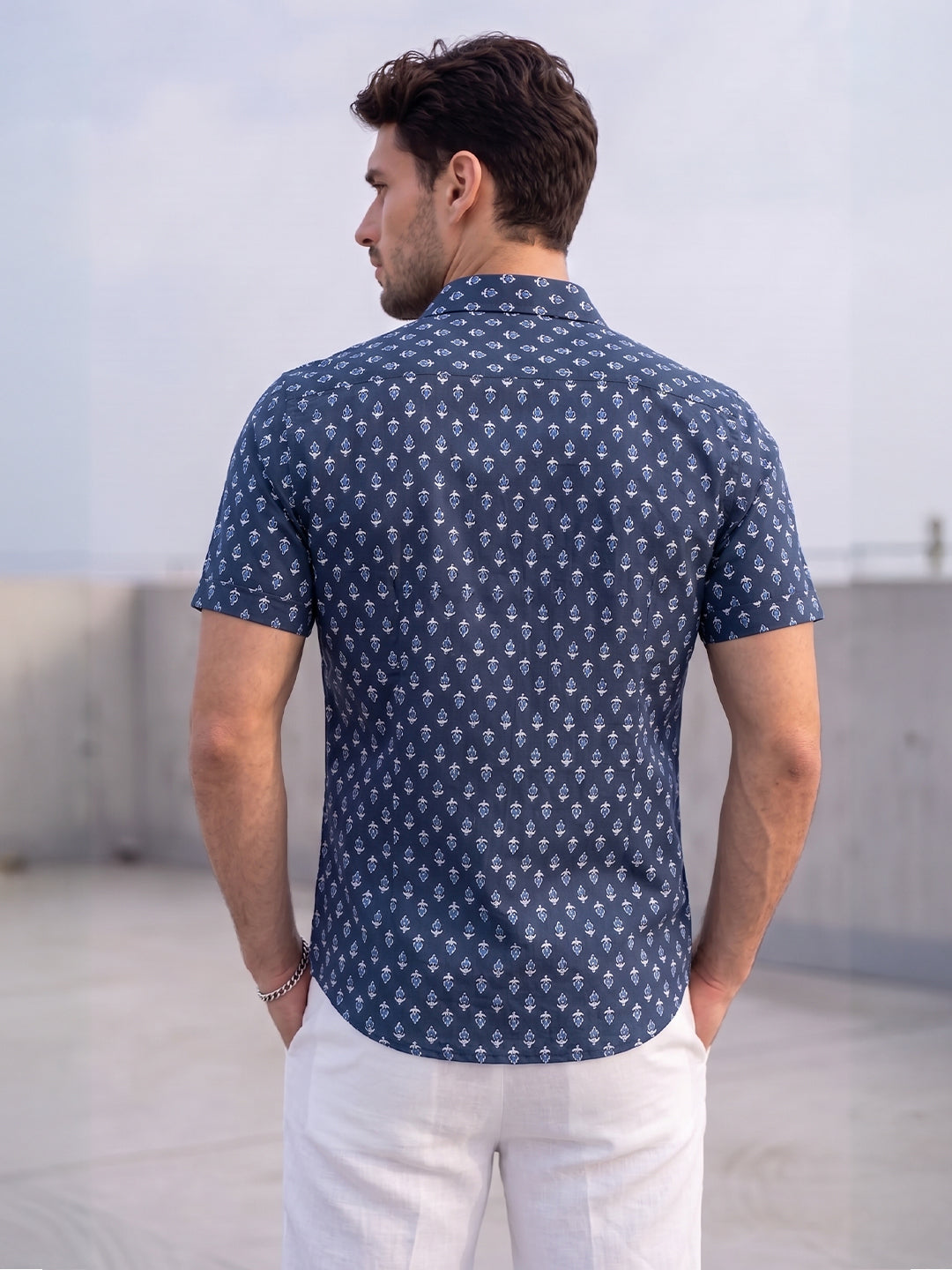 VORA LABEL Men Cotton Printed Regular Fit Casual Shirt - Navy Blue