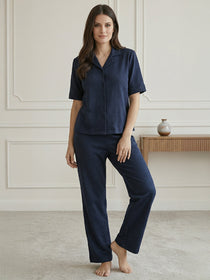 VORA LABEL Women Linen Solid Relaxed Fit Half Sleeve Co-ord Set - Navy Blue
