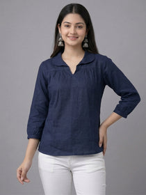 VORA LABEL Women Linen Cotton Regular Fit V Neck Top - White