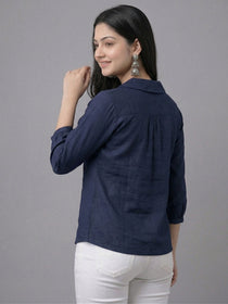 VORA LABEL Women Linen Cotton Regular Fit V Neck Top - White