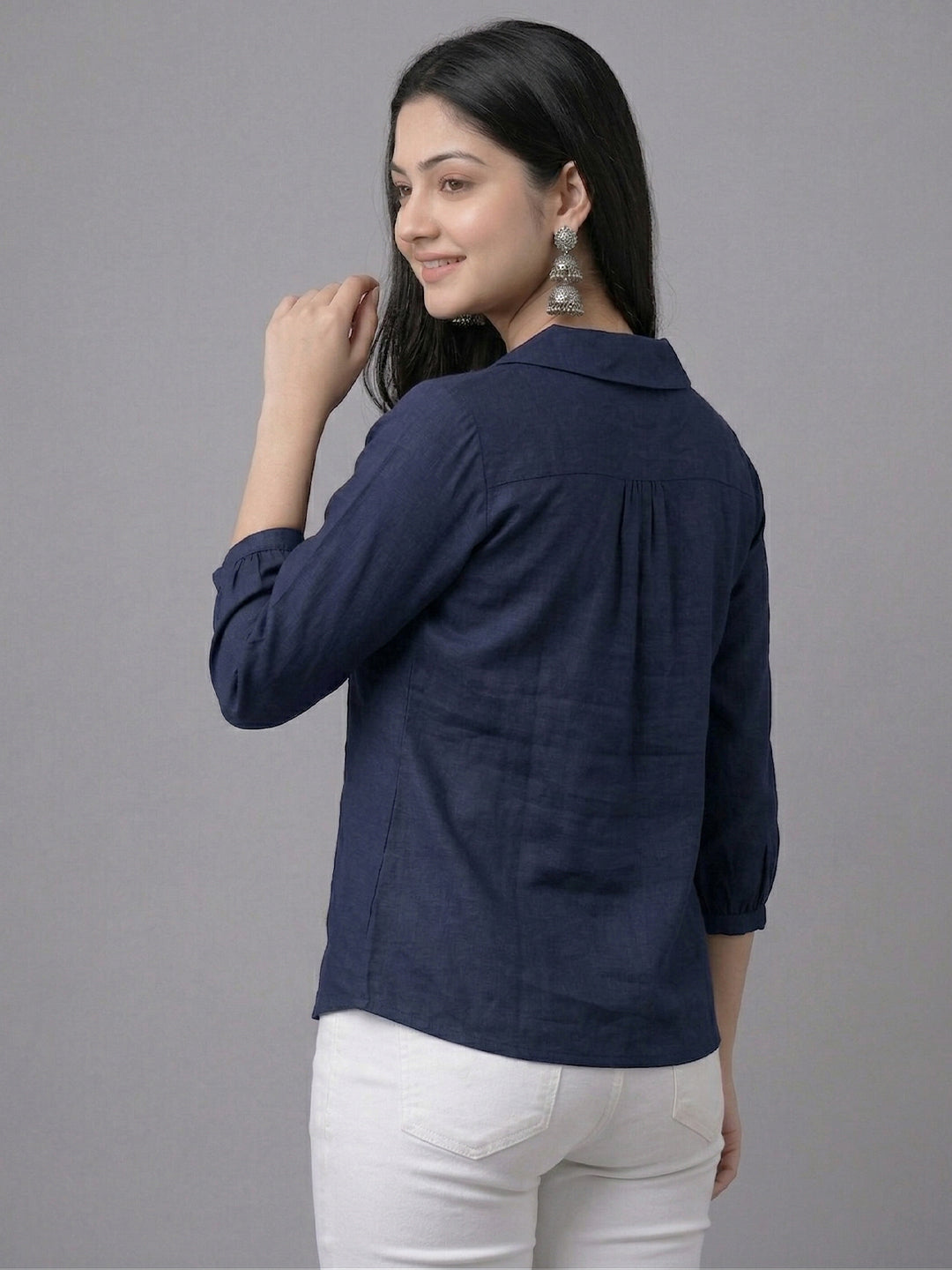VORA LABEL Women Linen Cotton Regular Fit V Neck Top - White
