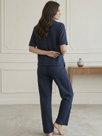 VORA LABEL Women Linen Solid Relaxed Fit Half Sleeve Co-ord Set - Navy Blue