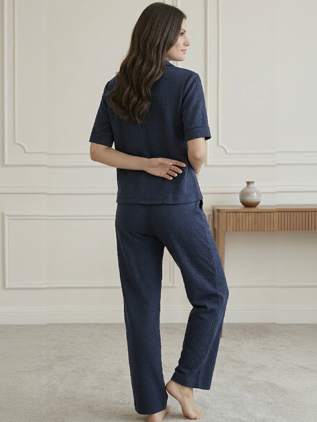 VORA LABEL Women Linen Solid Relaxed Fit Half Sleeve Co-ord Set - Navy Blue