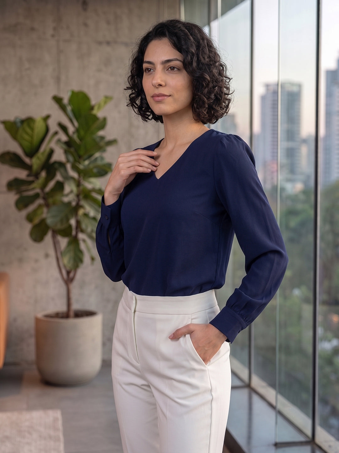 VORA LABEL Women Viscose Rayon Solid Regular Fit Top - Navy Blue