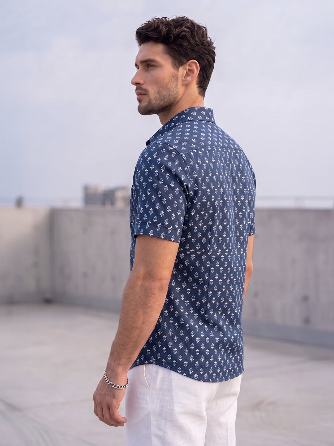 VORA LABEL Men Cotton Printed Regular Fit Casual Shirt - Navy Blue