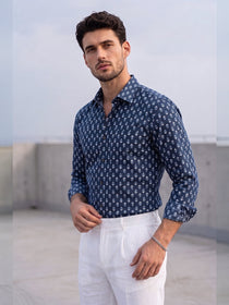 VORA LABEL Men Cotton Printed Regular Fit Spread Collar Casual Shirt - Navy Blue