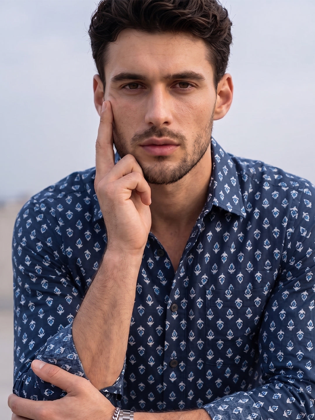VORA LABEL Men Cotton Printed Regular Fit Spread Collar Casual Shirt - Navy Blue