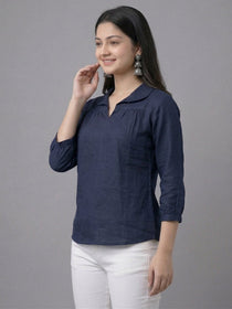 VORA LABEL Women Linen Cotton Regular Fit V Neck Top - White