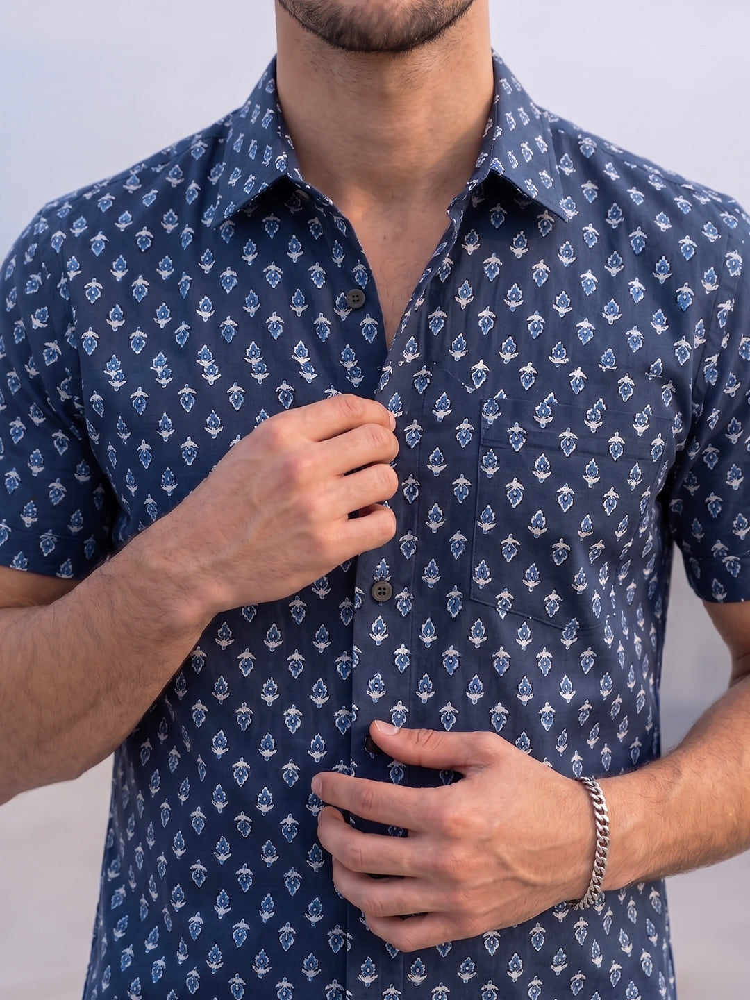 VORA LABEL Men Cotton Printed Regular Fit Casual Shirt - Navy Blue