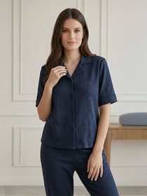 VORA LABEL Women Linen Solid Relaxed Fit Half Sleeve Co-ord Set - Navy Blue