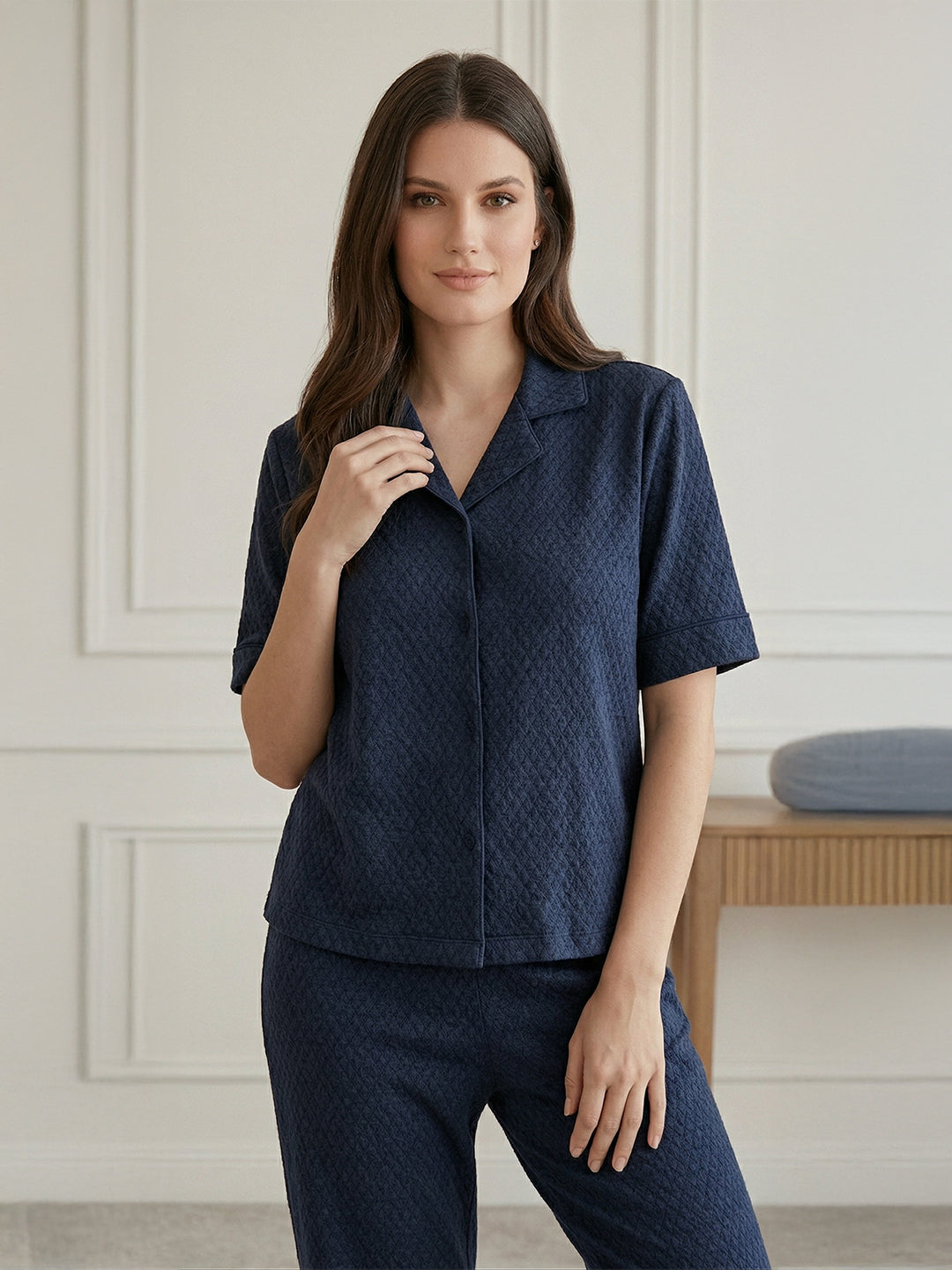 VORA LABEL Women Linen Solid Relaxed Fit Half Sleeve Co-ord Set - Navy Blue