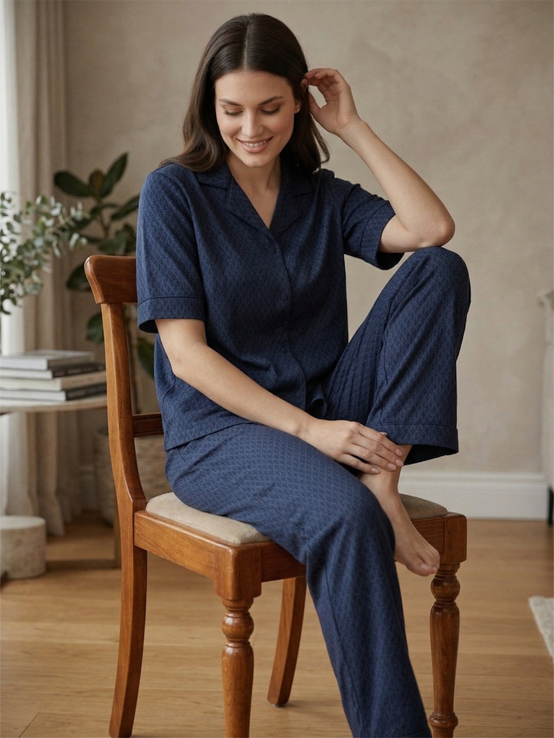 VORA LABEL Women Linen Solid Relaxed Fit Half Sleeve Co-ord Set - Navy Blue