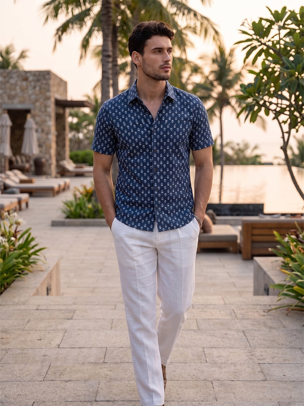 VORA LABEL Men Cotton Printed Regular Fit Casual Shirt - Navy Blue