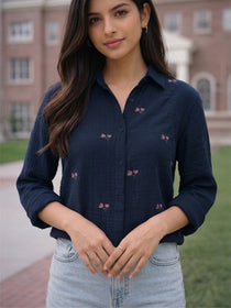 VORA LABEL Women Denim Floral Printed Embroidered Shirt - Black