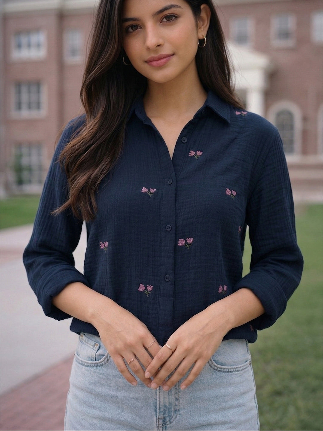 VORA LABEL Women Denim Floral Printed Embroidered Shirt - Black
